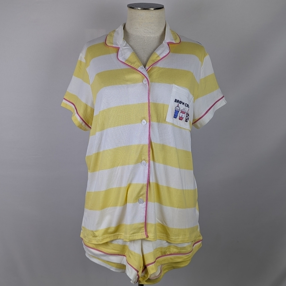 Life Is Good Brew Crew Coffee PJ Set Button Front Short Sleeve Top Shorts M NWT - Picture 9 of 10